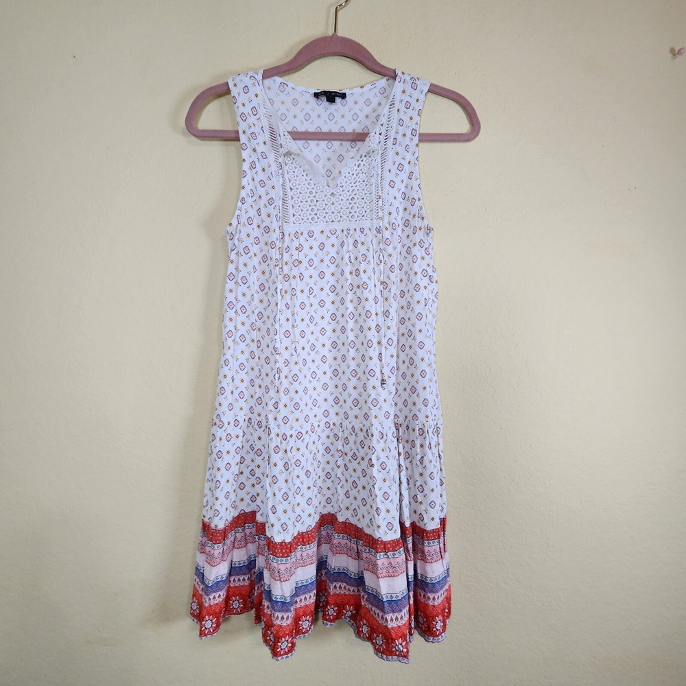 As U Wish Womens‎ Boho Crochet Tiered Mini Dress White Floral Medallion M